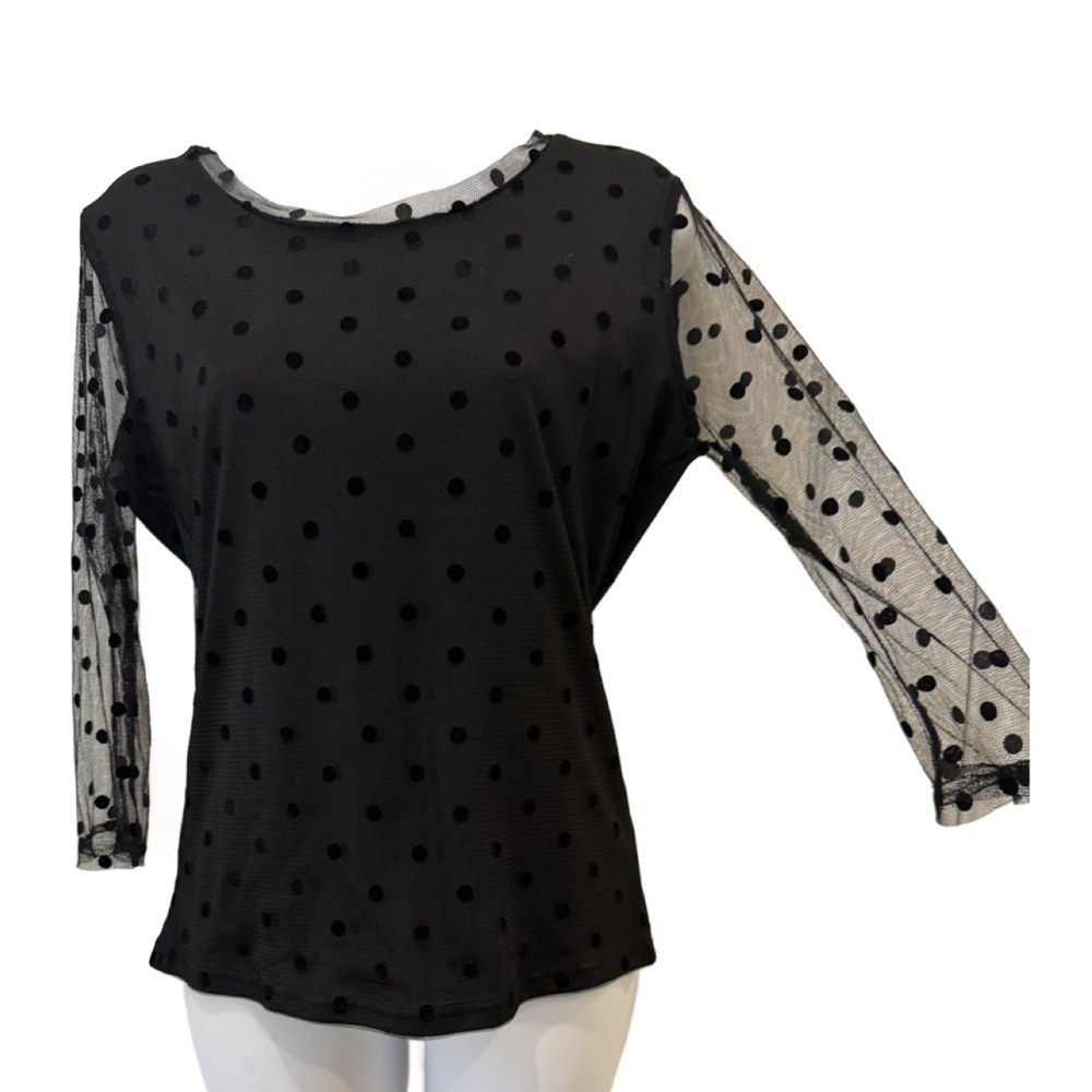 Paris Hues Black Sheer Polka Dot Sleeve Blouse. Medium